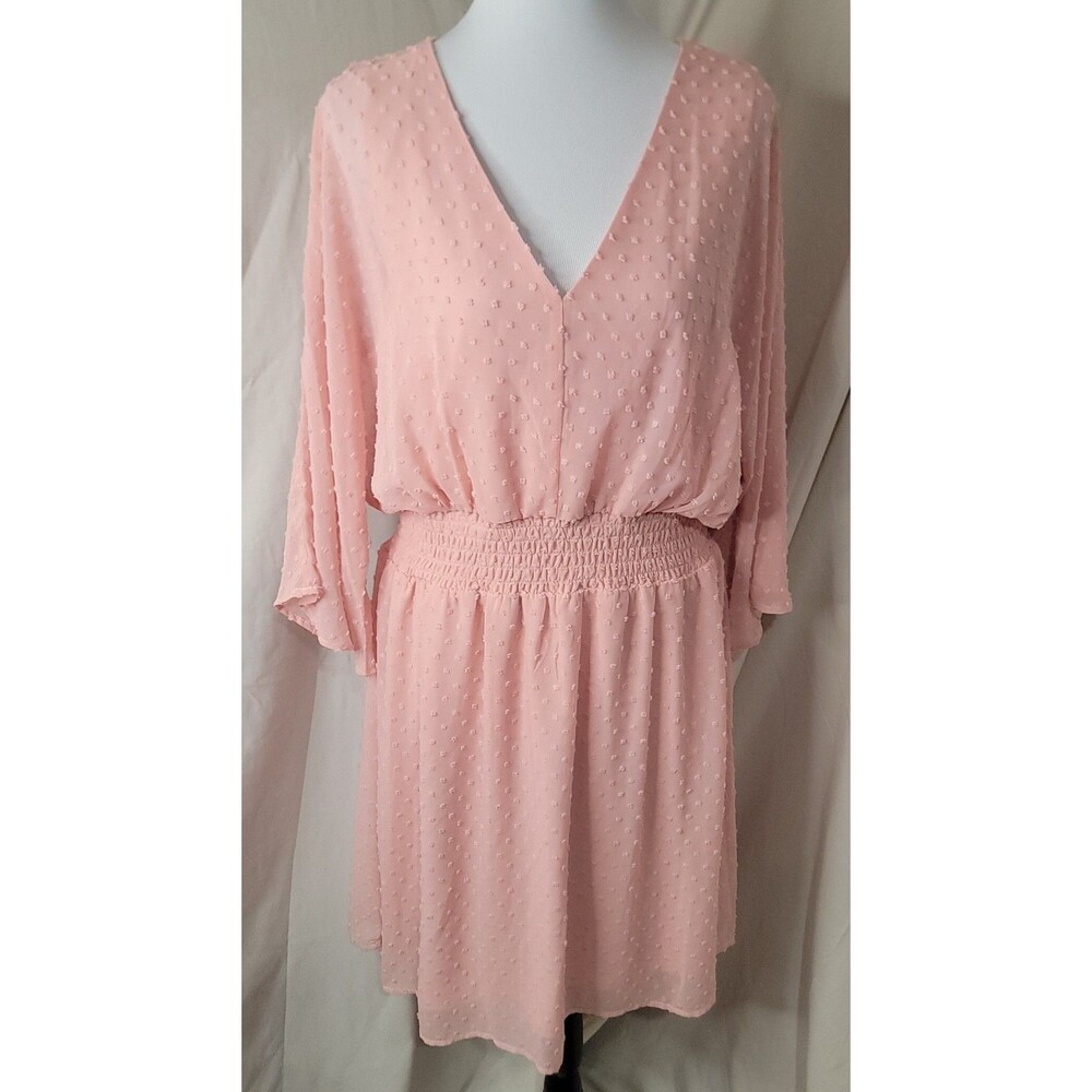 Harper 241 Pink Swiss Dot Dress Women’s Size 14 Smocked Waist V Neck Flowy Mini